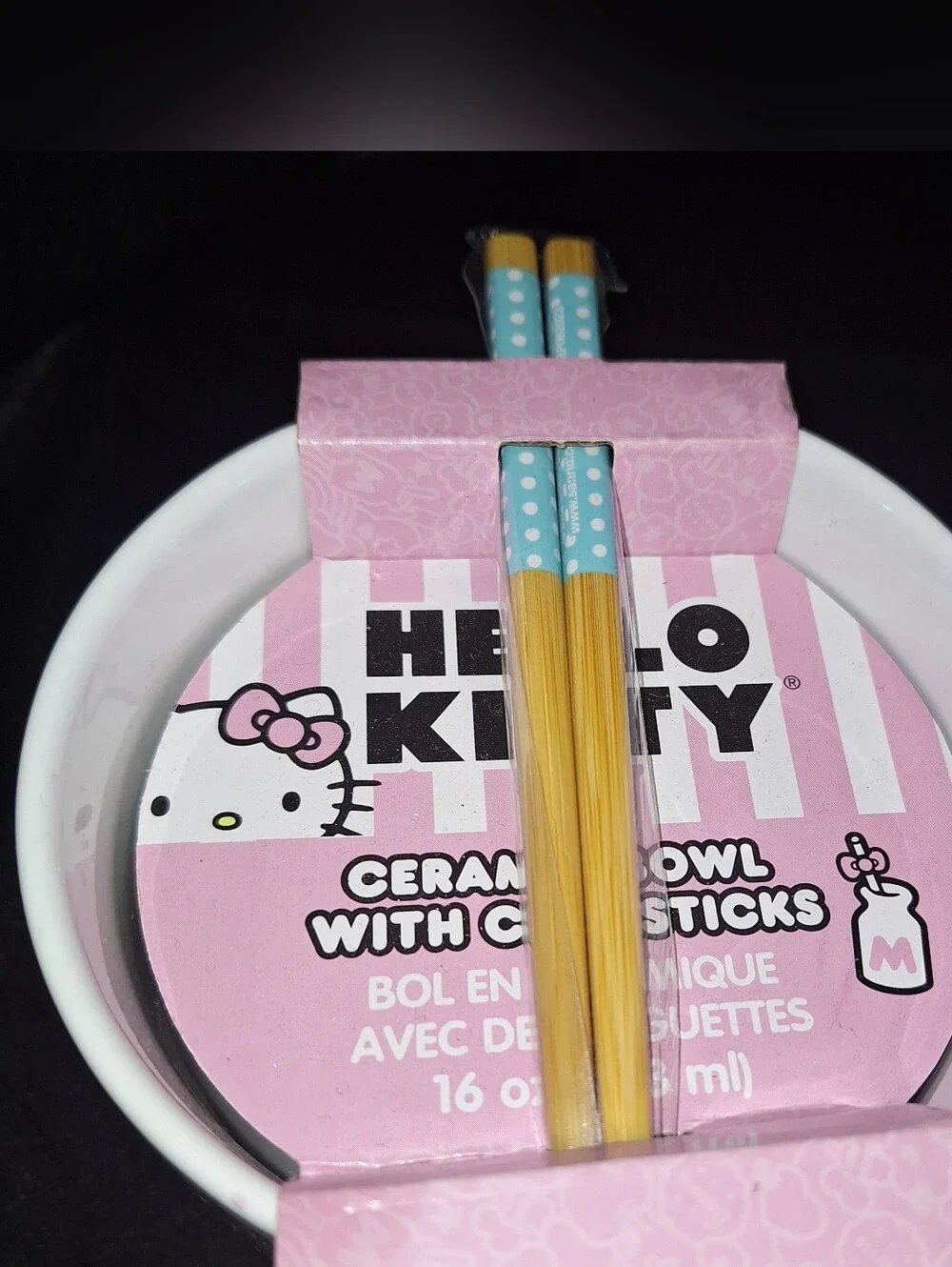 Sanrio Hello Kitty Ceramic Bowl with Pink Bow and Blue Chopsticks